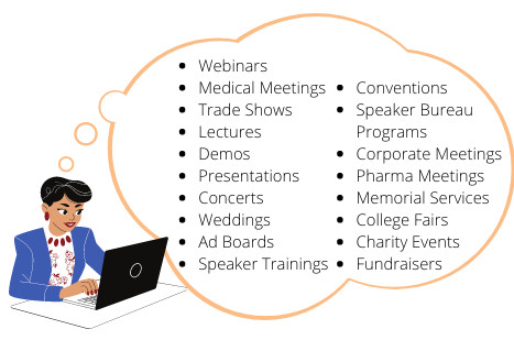 Webinars, Medical Meetings, Trade Shows, Lectures, Demos, Presentations, Concerts, Weddings, Ad Boards, Speaker Trainings, Conventions, Speaker Bureau Programs, Corporate Meetings, Pharma Meetings, Memorial Services, College Fairs, Charity Events, Fundraisers